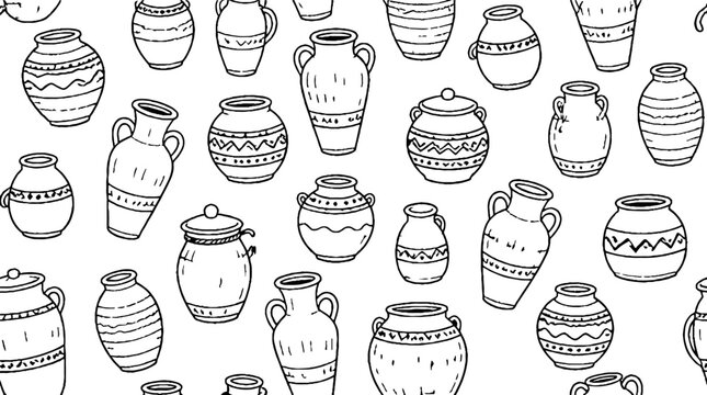 Collection of traditional ceramic pottery vessels outline.