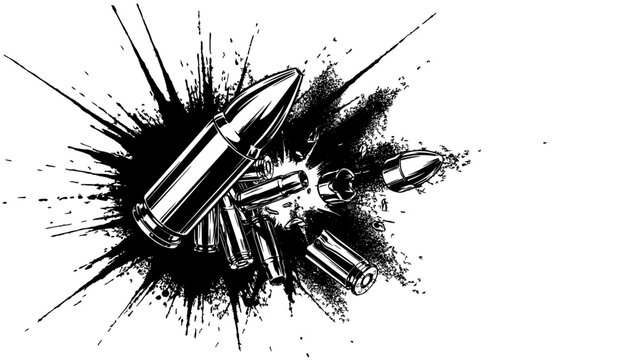 Bullet and Cartridge Vector Illustration with Splatter Ink Effects and Dynamic Speed Lines for Combat Concept Design