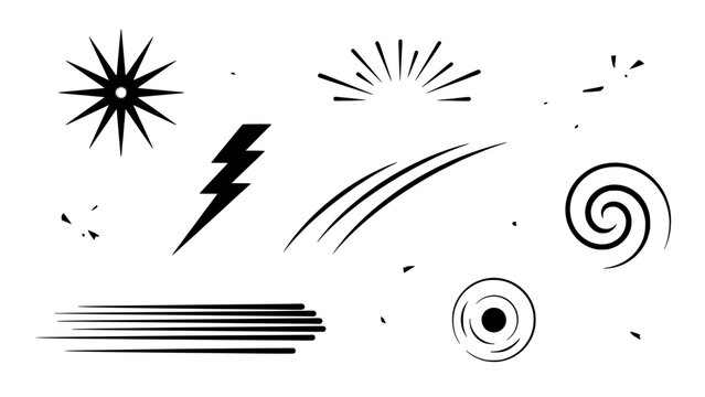 Light Rays and Swirl Icon Set with Lightning Bolt, Power Symbol, Abstract Energy Motion Lines, Graphic Design Elements