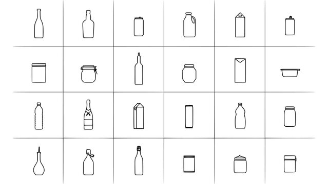 Beverage Containers Icon Set Featuring Bottles, Cartons, Jugs and Cans in Minimalist Line Style for Menu and Packaging Designs