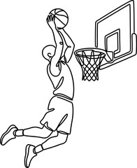 Continuous one line drawing of a basketball player performing a powerful slam dunk. © barry
