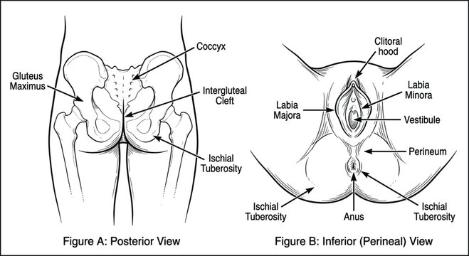 Human Pelvic and Female Perineal Anatomy Diagram Showing Posterior and Inferior Views for Medical Education, Textbooks, and Healthcare Illustrations