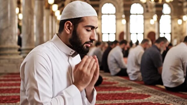 A young Muslim man prays inside a beautiful mosque