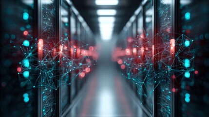 Fototapeta premium Abstract network connections overlaying a futuristic server room with glowing lights