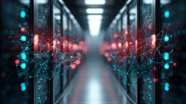Abstract network connections overlaying a futuristic server room with glowing lights