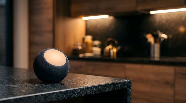 Smart home speaker glowing on a modern kitchen counter at night