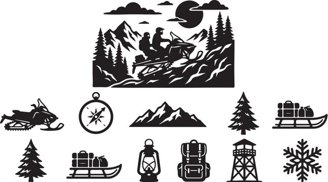 Winter, outdoors, icons, black, silhouette, vector