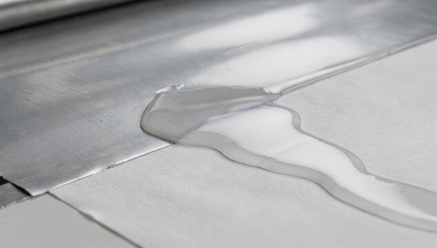 Closeup medium shot of hightack waterbased adhesive lamination being spread evenly ensuring strong solventfree bonding between foil and paper surfaces.