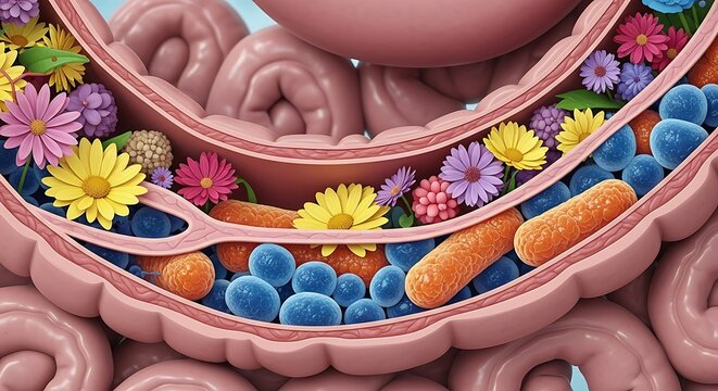 Artistic illustration of a cross-section of the human gut, filled with flowers and bacteria