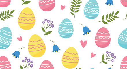 Colorful easter pattern with decorated eggs and spring flowers on white background suitable for holiday greeting cards wrapping paper and seasonal textiles. © shamim