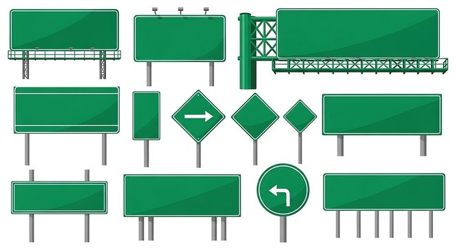 Assortment of blank highway signs in various shapes and sizes