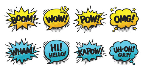 Set of colorful comic book speech bubbles with funny sound effects and expressions in a vintage pop art style © ZenVectors