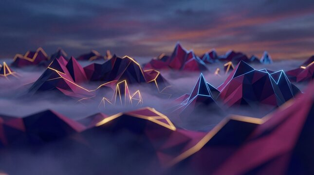 Surreal low poly mountain landscape with glowing peaks and purple fog.
