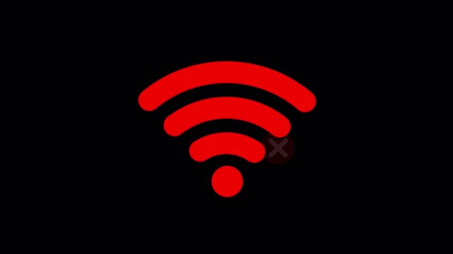 Animated red no wifi icon on black background representing internet connection failure disconnected network signal and technology troubleshooting