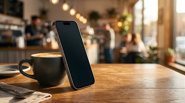 Smartphone with blank screen leaning on coffee cup at a busy cafe table