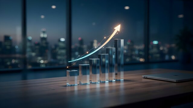 Economic growth visualization with transparent 3D bar chart ascending trend and glowing data connections highlighting investment success corporate strategy and financial performance