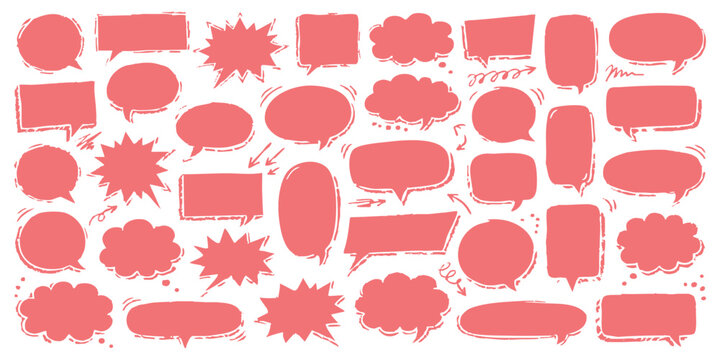 Set of coral red hand drawn speech bubbles and comic thought clouds for graphic design and social media chat