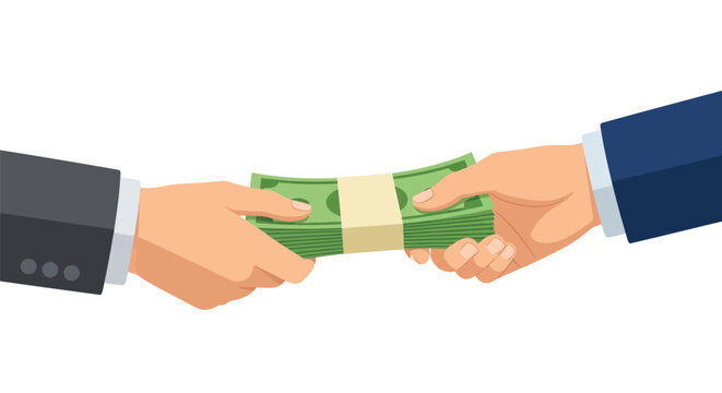 Hand giving money to another person in business deal or payment transaction concept representing salary bribe loan or investment in professional setting.