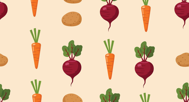 Fresh root vegetables pattern including carrots beetroots and potatoes on light beige background ideal for kitchen decor organic food markets and farming.
