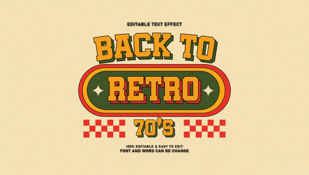 Back to retro 70s editable text effect vector, vintage college block font style with checkered pattern on beige background