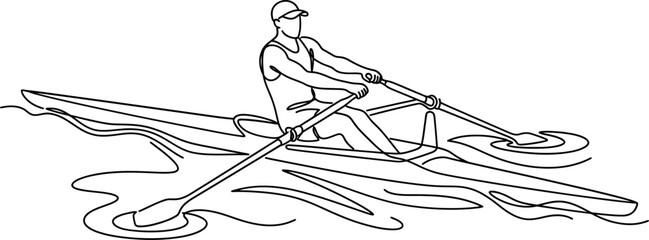 Continuous one line drawing of a male rower in a boat. © gunko