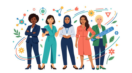 Fototapeta premium Group of diverse women from different backgrounds and professions stands together, representing female strength.