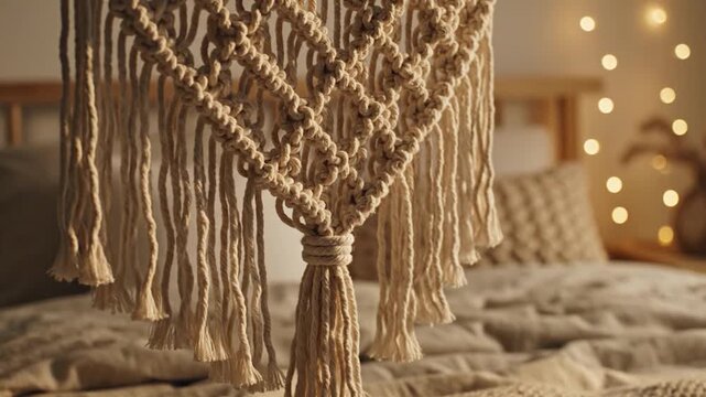 Handmade macrame wall hanging in a cozy bedroom