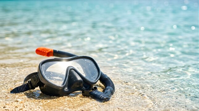 Snorkeling mask and snorkel resting on sandy beach shore with clear water