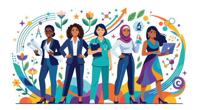 Empowered women representing different professions and ethnicities stand confidently, celebrating their diverse.