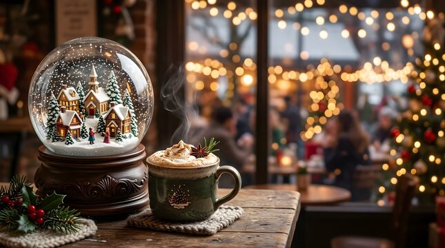 Snow globe with village scene next to a steaming mug on a wooden table