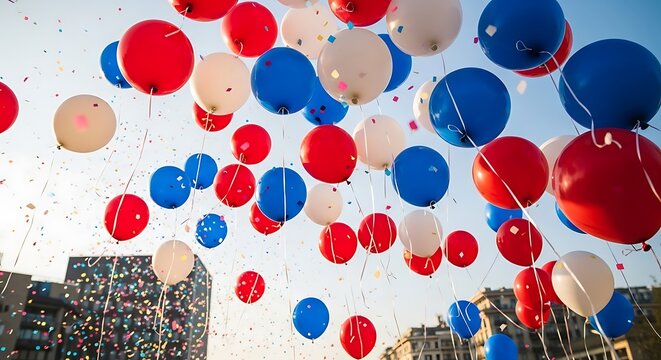 Balloons in red, white, & blue float with confetti against a bright sky, cityscape backdrop
