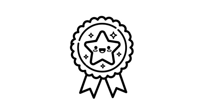 Black and white cartoon award with happy star and ribbons, isolated on white background
