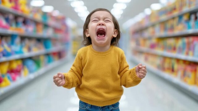Young child in yellow sweater expressing frustration or distress while standing in supermarket aisle with colorful product shelves blurred in background