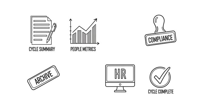 Black and white icons for business, covering cycle summary, metrics, compliance, and HR