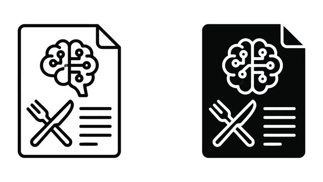 Document with brain and circuit lines plus fork and knife representing food analysis report or smart recipe document