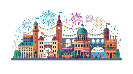 Fototapeta premium Colorful City Festival Celebration with People and Fireworks Vector Illustration