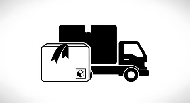 Black and white illustration of a delivery truck with two packages beside it, ready to deliver