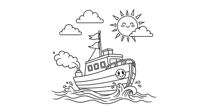 Black and white illustration of a cartoon boat on waves, smiling sun, clouds overhead