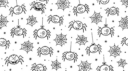 Fototapeta premium Cute Cartoon Spiders and Webs Pattern Design.