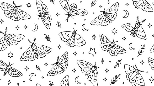 Intricate moth and moon pattern in black and white.