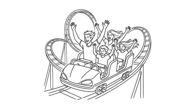 Happy family enjoying an exciting roller coaster ride at a theme park line art illustration