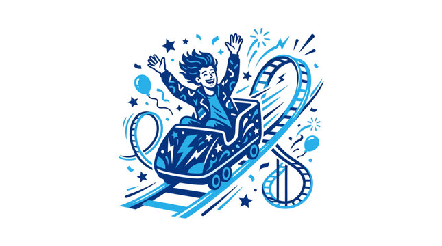 Happy young man enjoying an exciting roller coaster ride at an amusement park