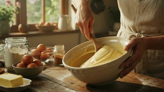A baker stirs a smooth cake batter with a wooden spoon in a rustic kitchen