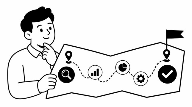 Man analyzing business strategy map with icons and flag.