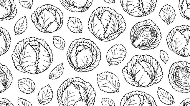 Detailed black and white cabbage and leaf illustrations.