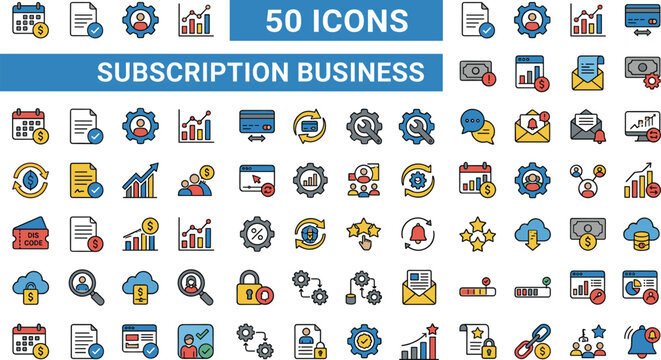 Subscription business model vector icon set featuring recurring payments membership plans billing schedules and customer retention
