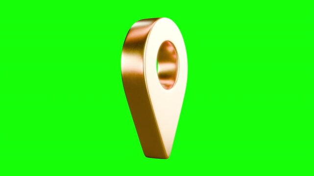 Gold location pin icon rotating seamless loop isolated on green screen and alpha channel