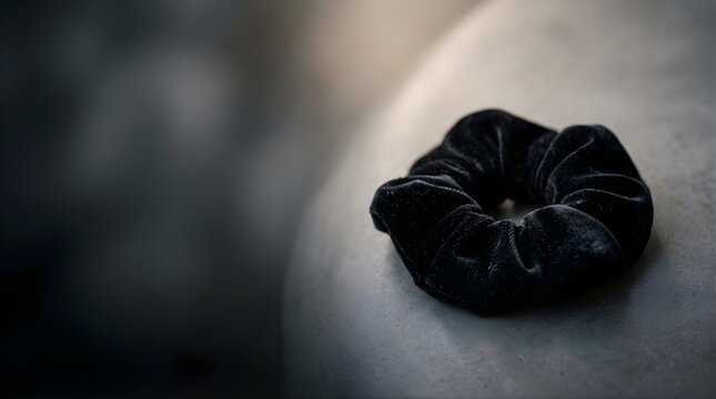 Single black velvet scrunchie resting on a dark smooth surface indoors