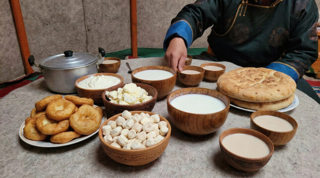 Traditional food and drink on table.
