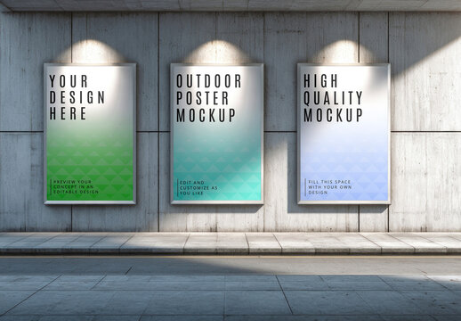 Outdoor Poster Mockup On Wall With Three Vertical Displays